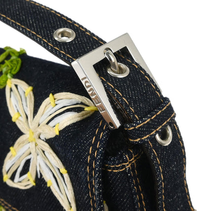 Fendi Navy Denim Flower Embroidered Baguette Handbag