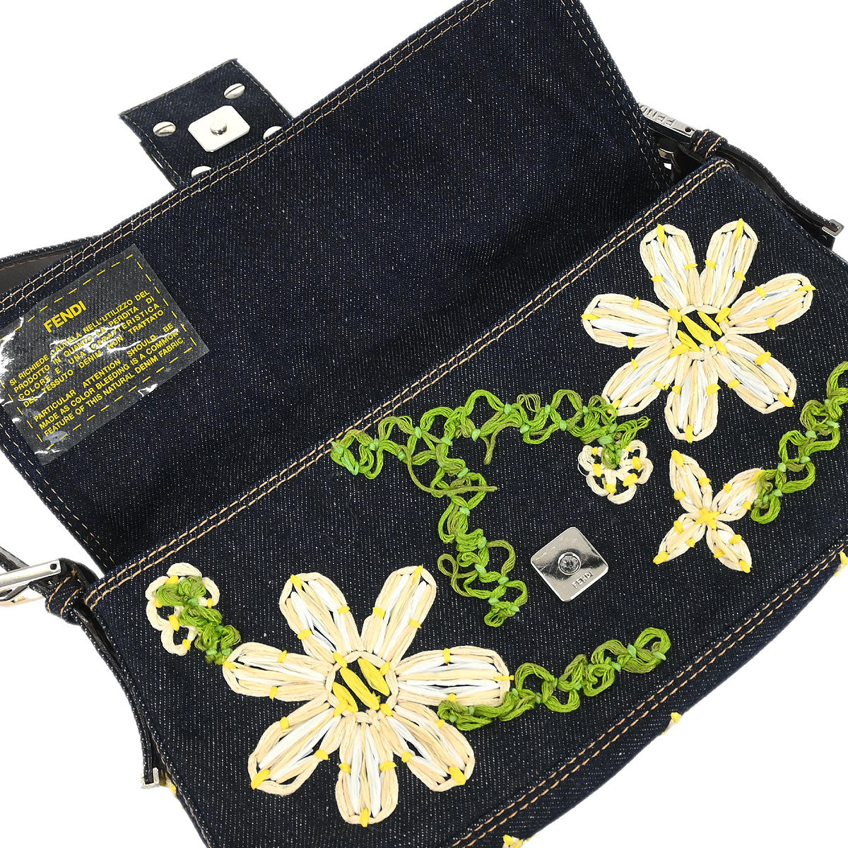 Fendi Navy Denim Flower Embroidered Baguette Handbag