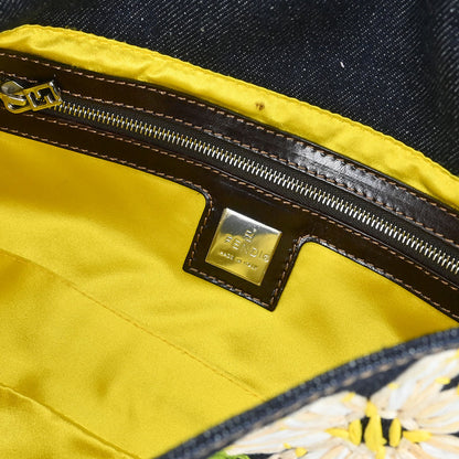 Fendi Navy Denim Flower Embroidered Baguette Handbag