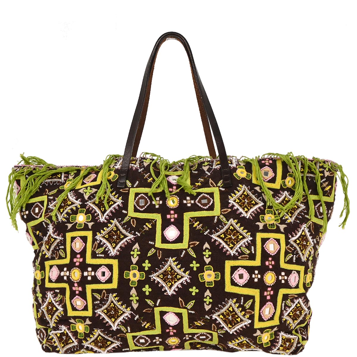 Fendi Brown Canvas Beads Embroidered Tote Handbag