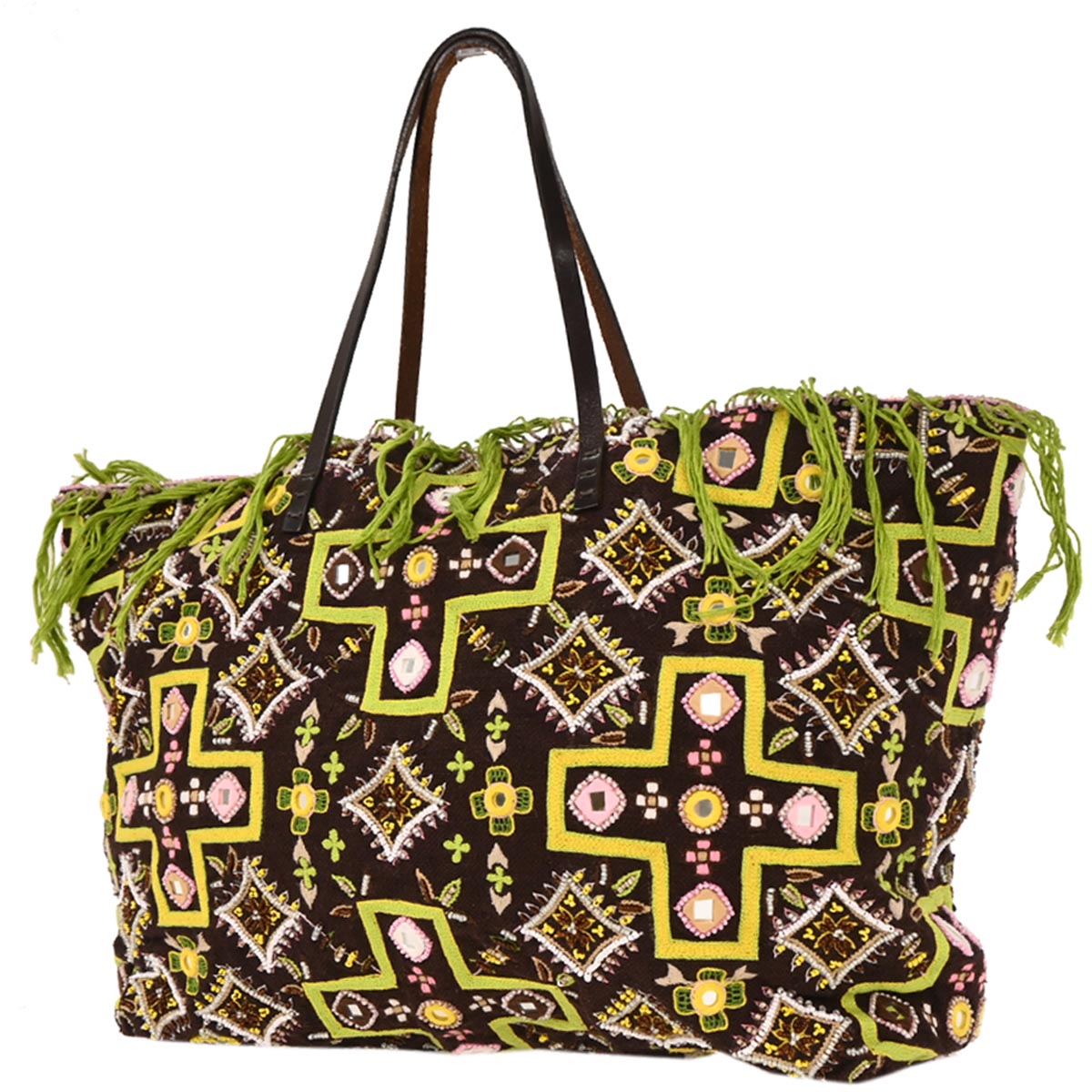 Fendi Brown Canvas Beads Embroidered Tote Handbag