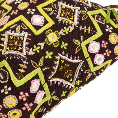 Fendi Brown Canvas Beads Embroidered Tote Handbag