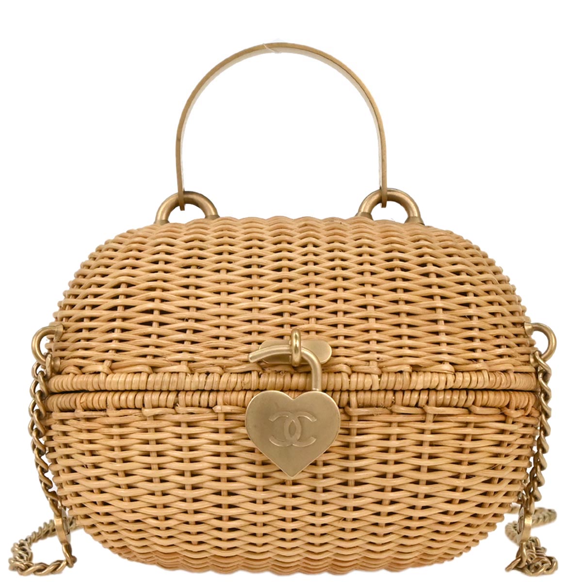 Chanel Beige Rattan Heart Lock Basket Bag 2way Shoulder Handbag