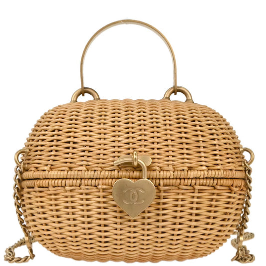 Chanel Beige Rattan Heart Lock Basket Bag 2way Shoulder Handbag