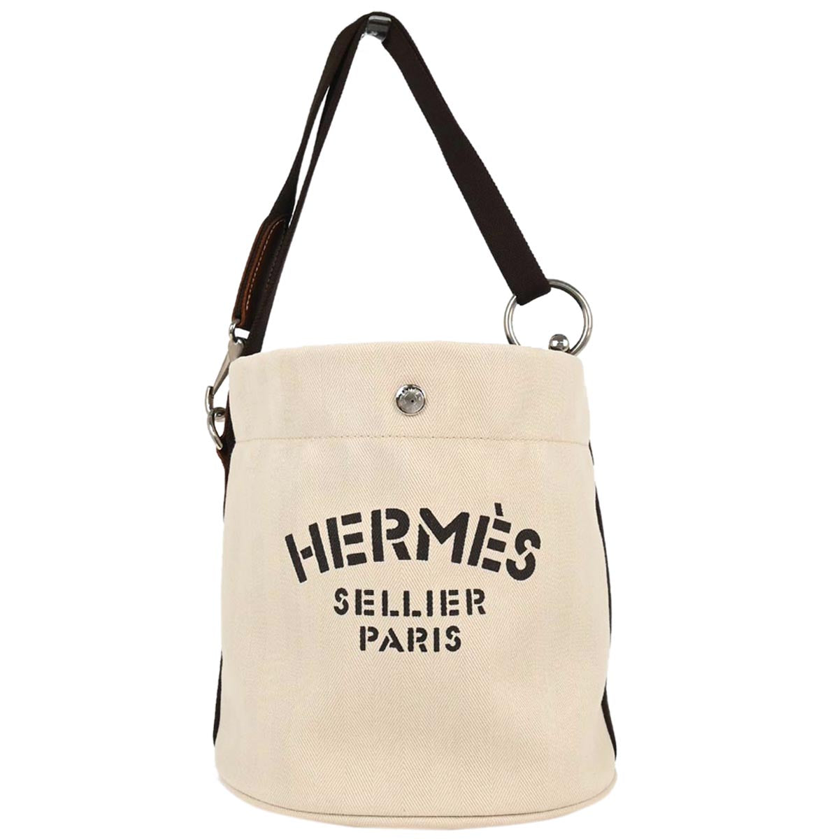 Hermes Beige Toile Chevron Sac de Pansage Bucket Shoulder Bag