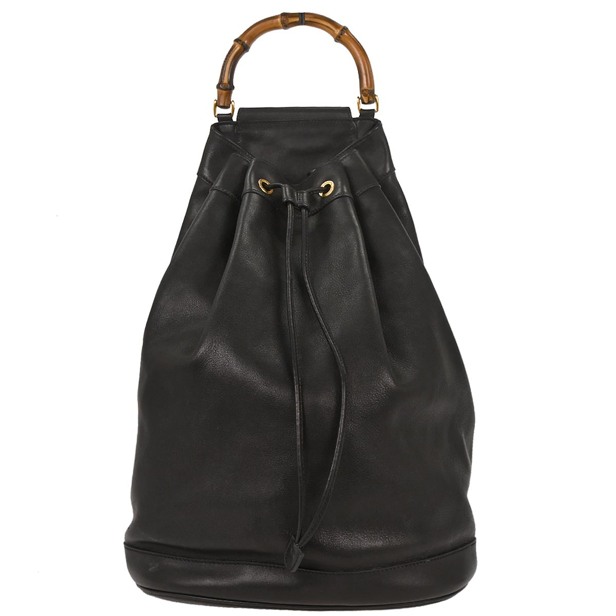 Gucci Black Leather Bamboo Drawstring 2way One Shoulder Bag