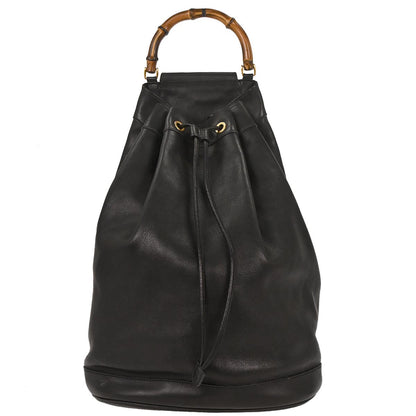 Gucci Black Leather Bamboo Drawstring 2way One Shoulder Bag