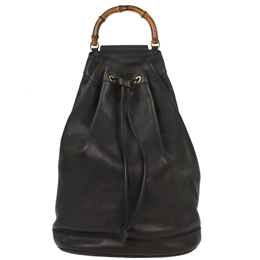 Gucci Black Leather Bamboo Drawstring 2way One Shoulder Bag