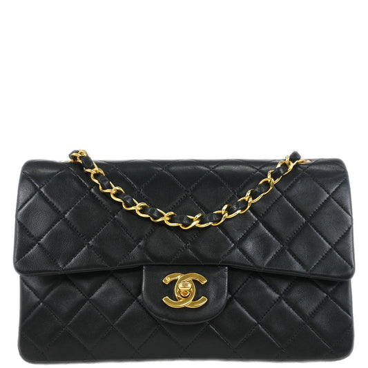 Chanel 1989-1991 Black Lambskin Small Classic Double Flap Shoulder Bag