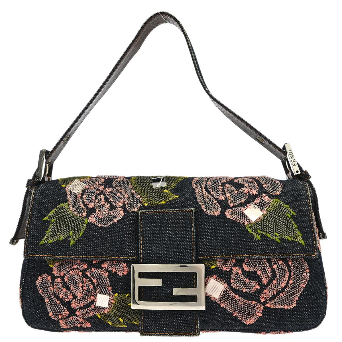 Fendi Navy Denim Floral Baguette Handbag