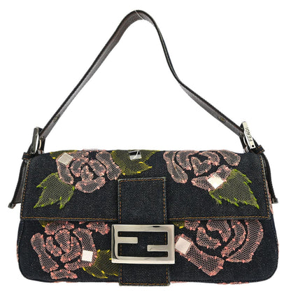 Fendi Navy Denim Floral Baguette Handbag