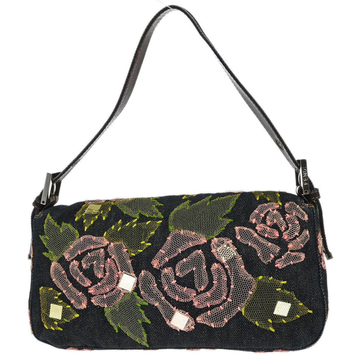Fendi Navy Denim Floral Baguette Handbag