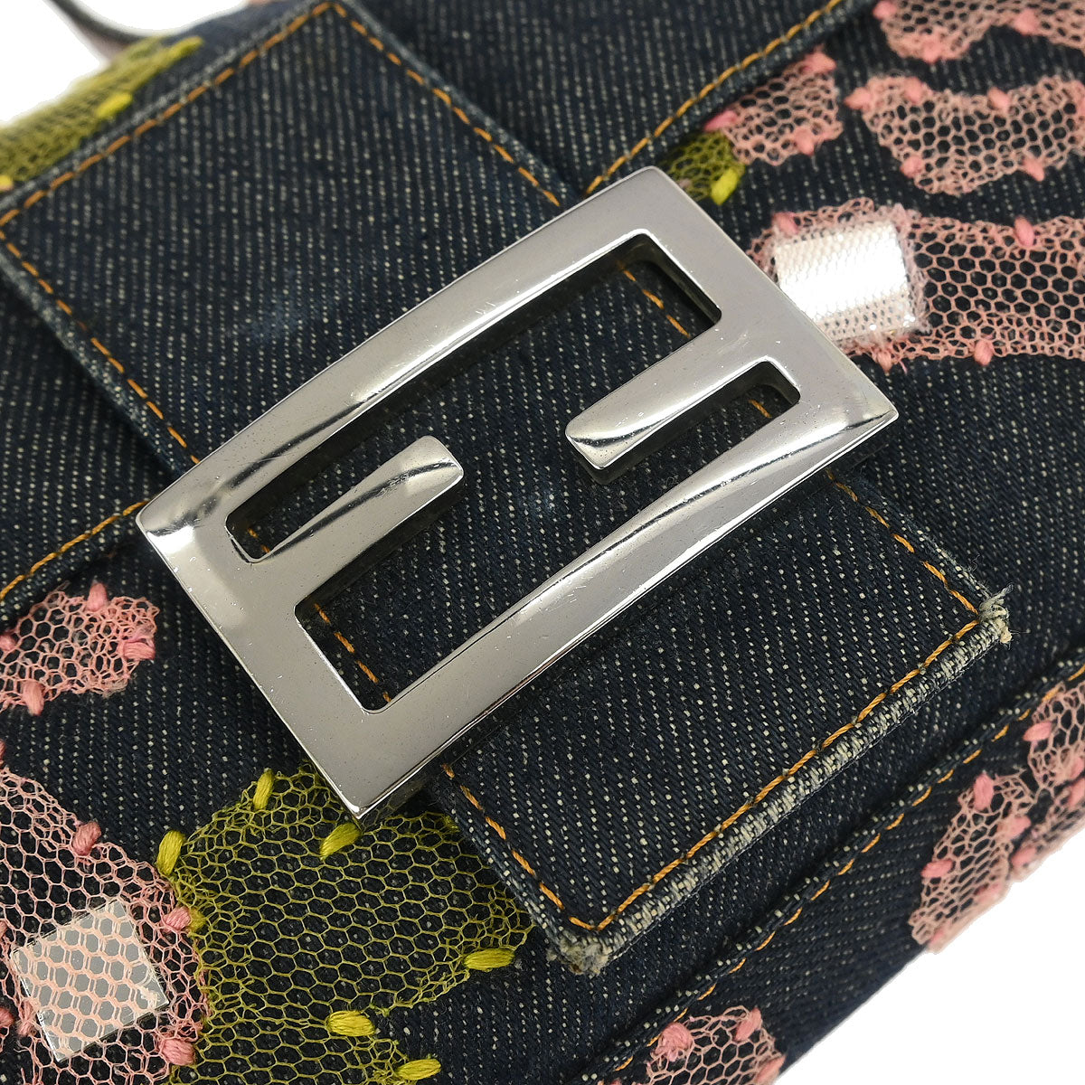 Fendi Navy Denim Floral Baguette Handbag