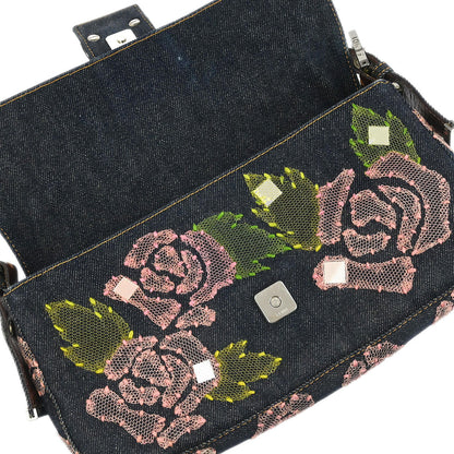 Fendi Navy Denim Floral Baguette Handbag
