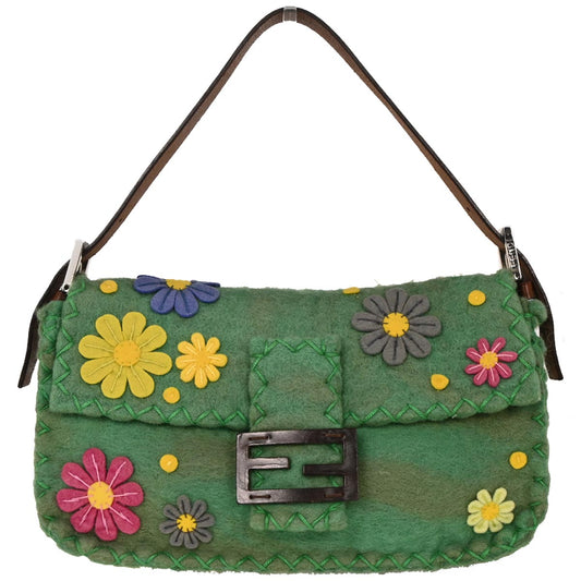 Fendi Green Wool Floral Baguette Handbag