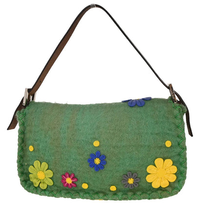 Fendi Green Wool Floral Baguette Handbag