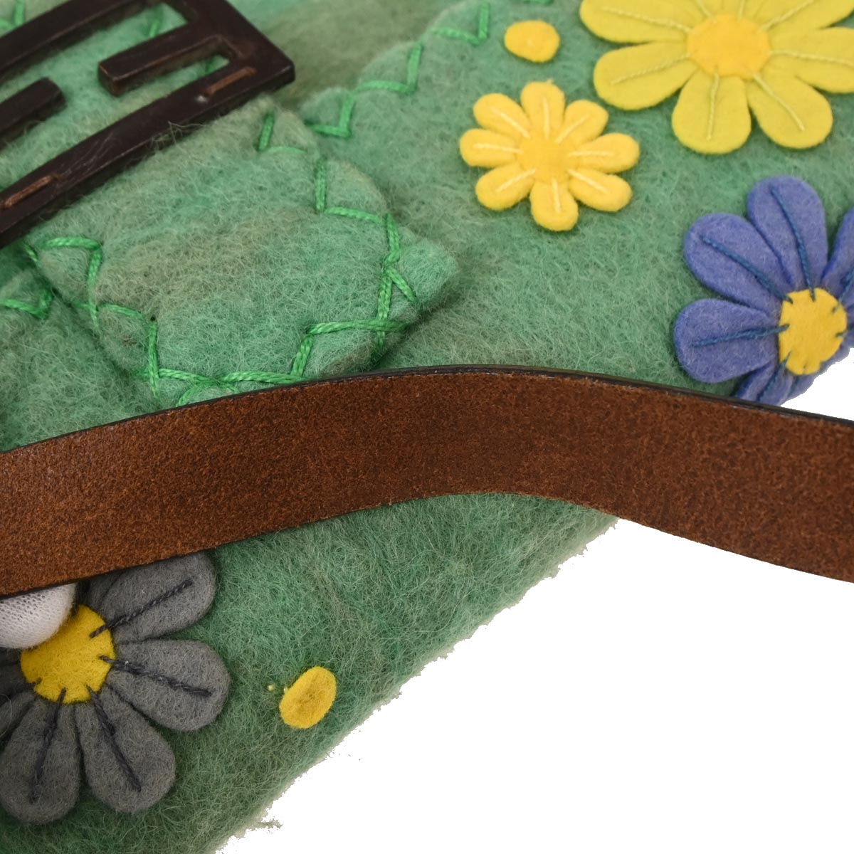 Fendi Green Wool Floral Baguette Handbag