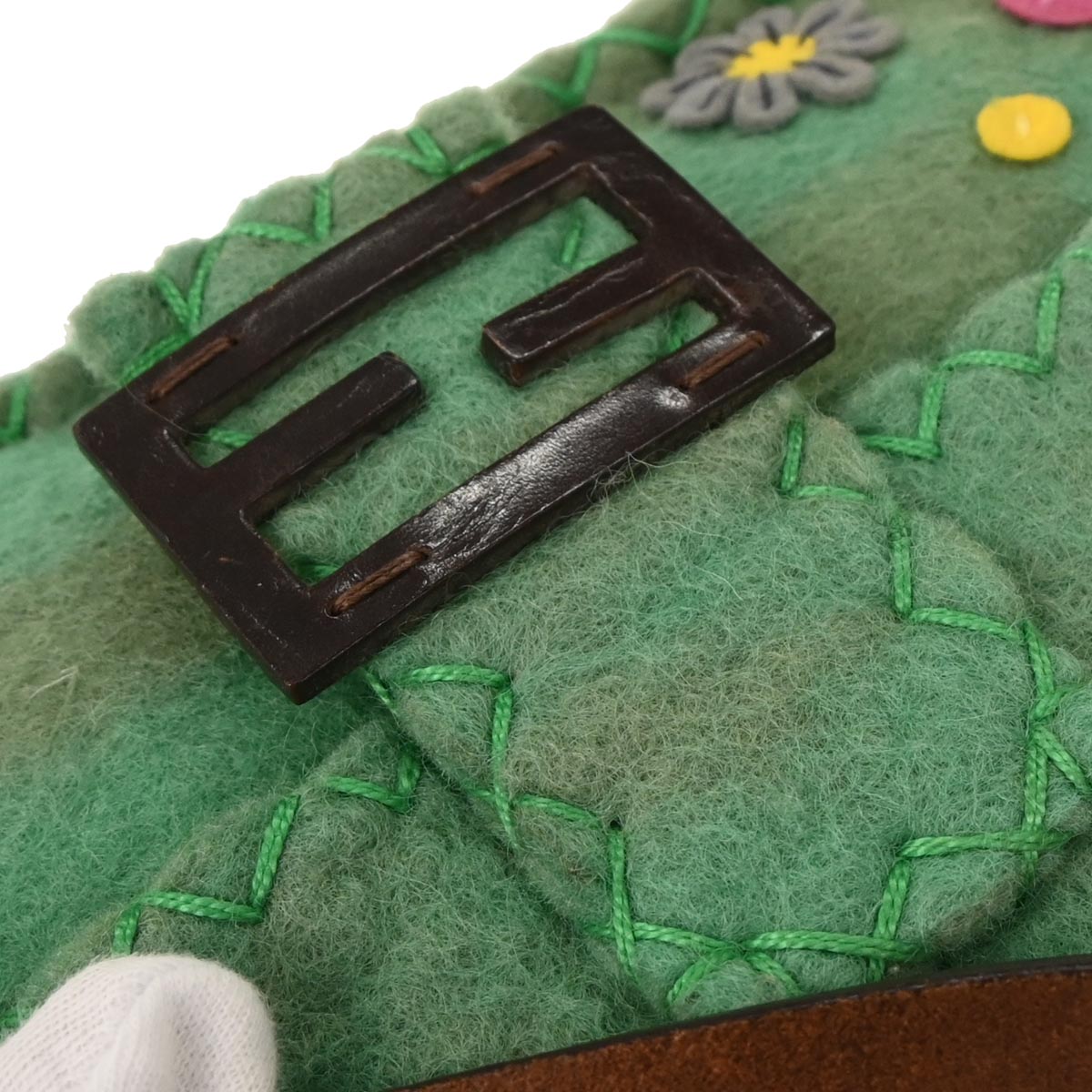 Fendi Green Wool Floral Baguette Handbag