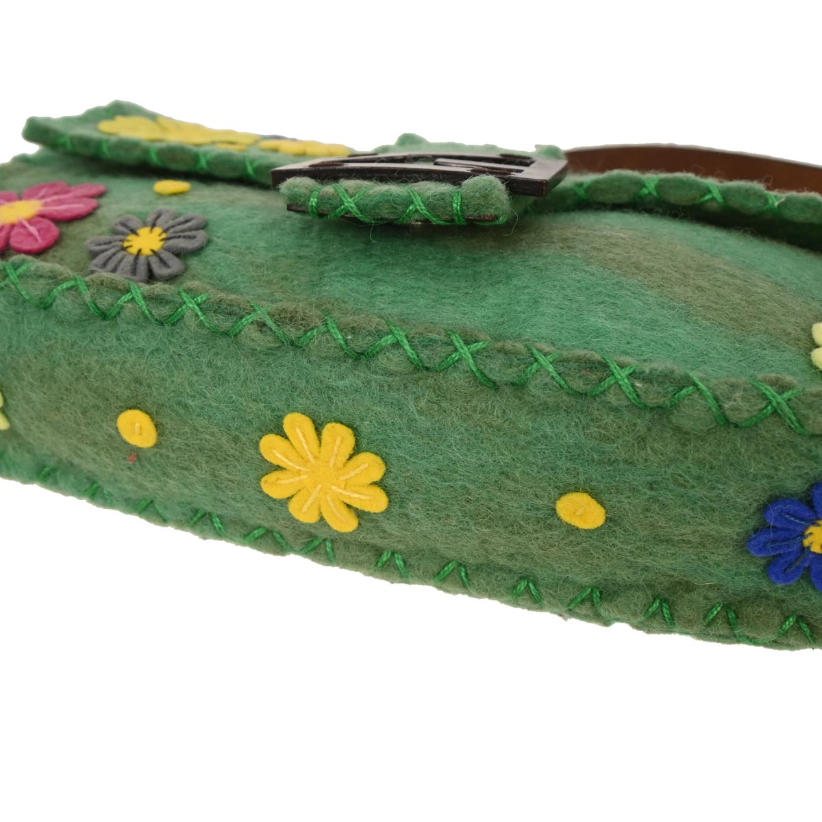 Fendi Green Wool Floral Baguette Handbag