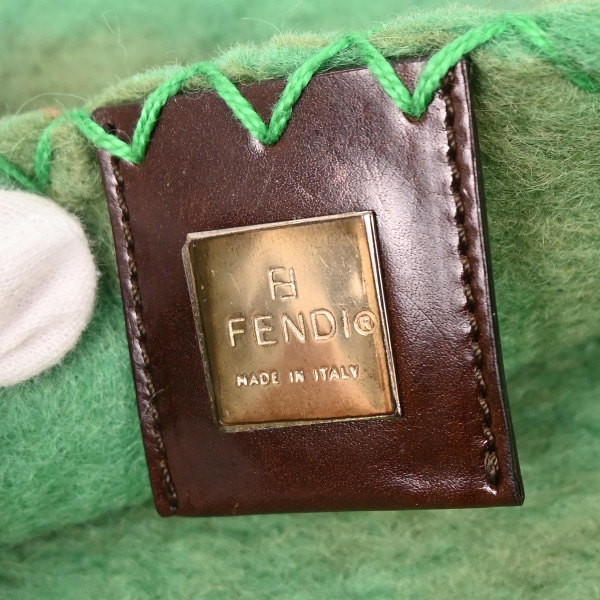 Fendi Green Wool Floral Baguette Handbag