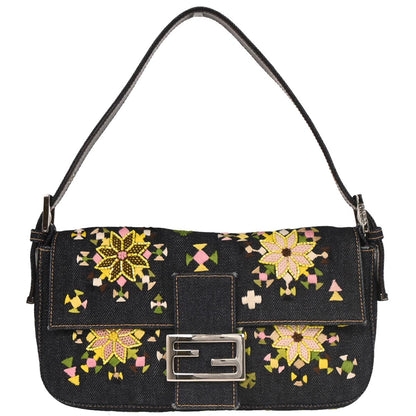 Fendi Navy Denim Beaded Baguette Handbag