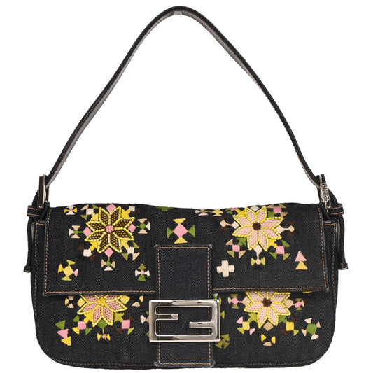 Fendi Navy Denim Beaded Baguette Handbag