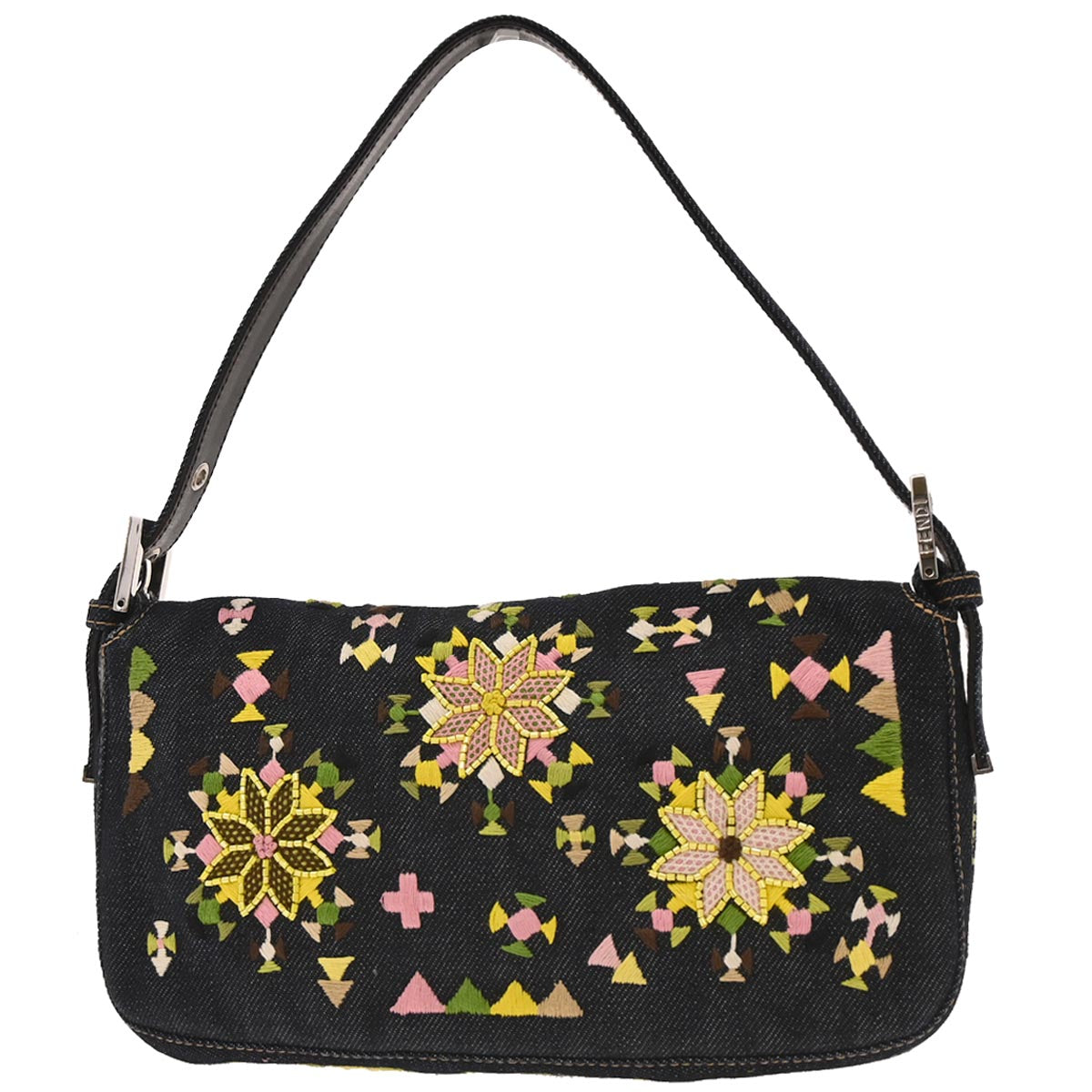 Fendi Navy Denim Beaded Baguette Handbag