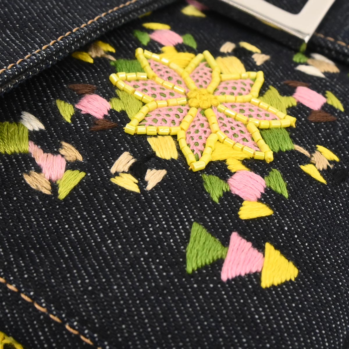 Fendi Navy Denim Beaded Baguette Handbag