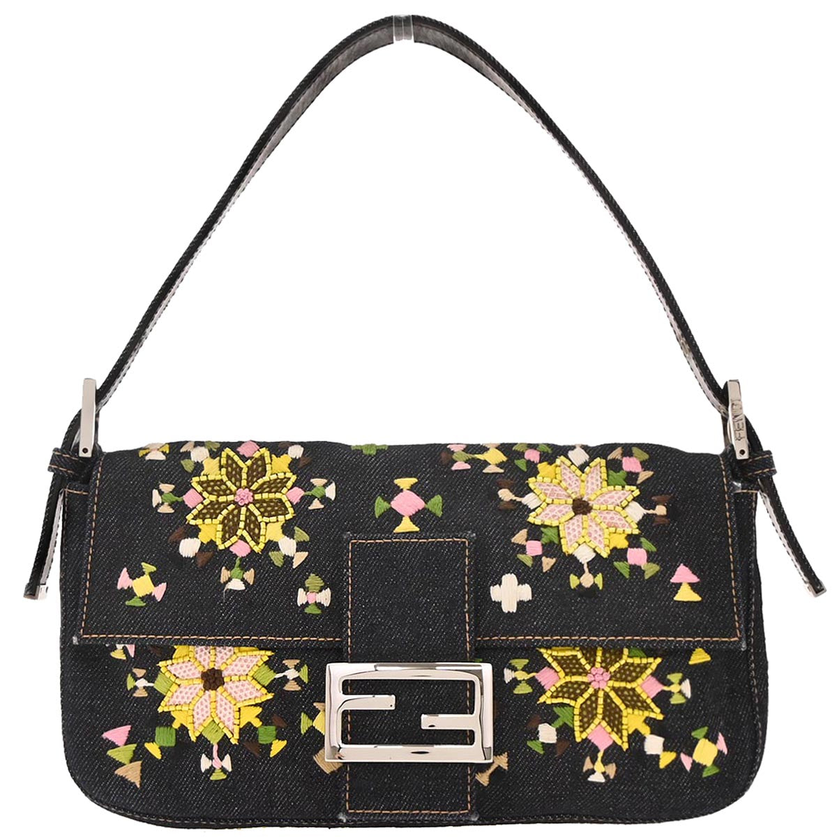 Fendi Navy Denim Beaded Baguette Handbag