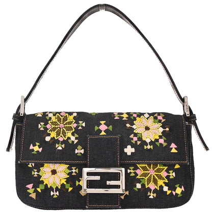 Fendi Navy Denim Beaded Baguette Handbag