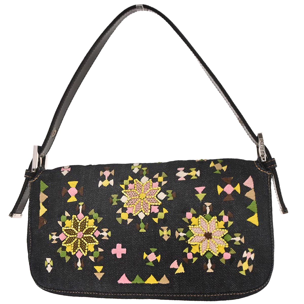 Fendi Navy Denim Beaded Baguette Handbag