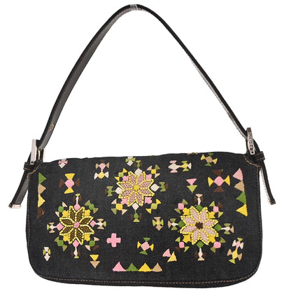 Fendi Navy Denim Beaded Baguette Handbag