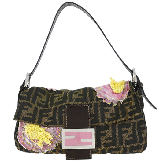 Fendi Brown Zucca Floral Embroidered Baguette Handbag