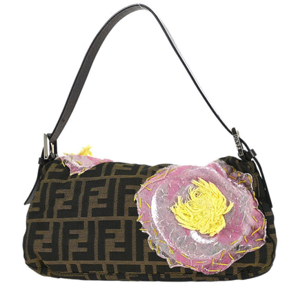 Fendi Brown Zucca Floral Embroidered Baguette Handbag
