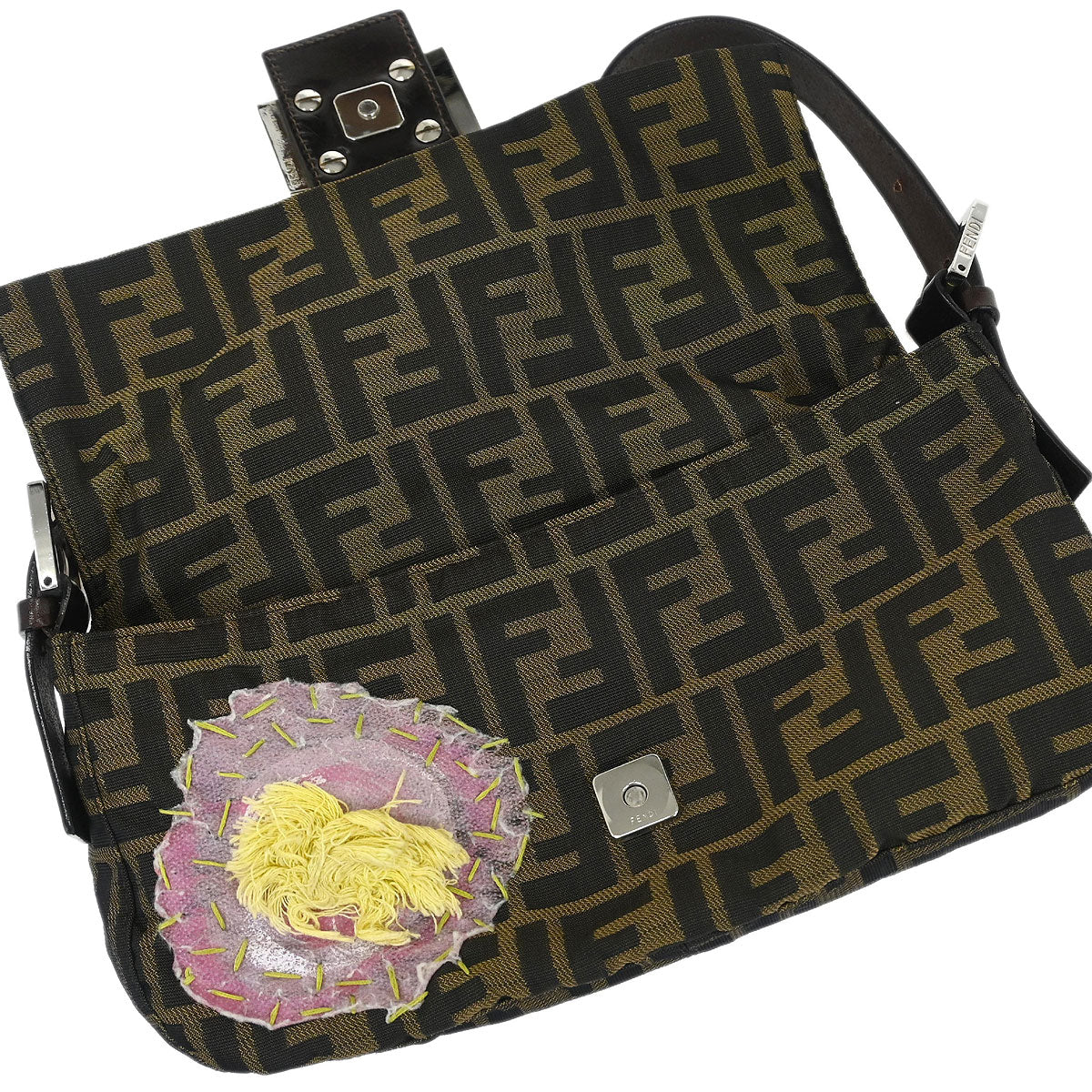 Fendi Brown Zucca Floral Embroidered Baguette Handbag