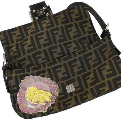 Fendi Brown Zucca Floral Embroidered Baguette Handbag