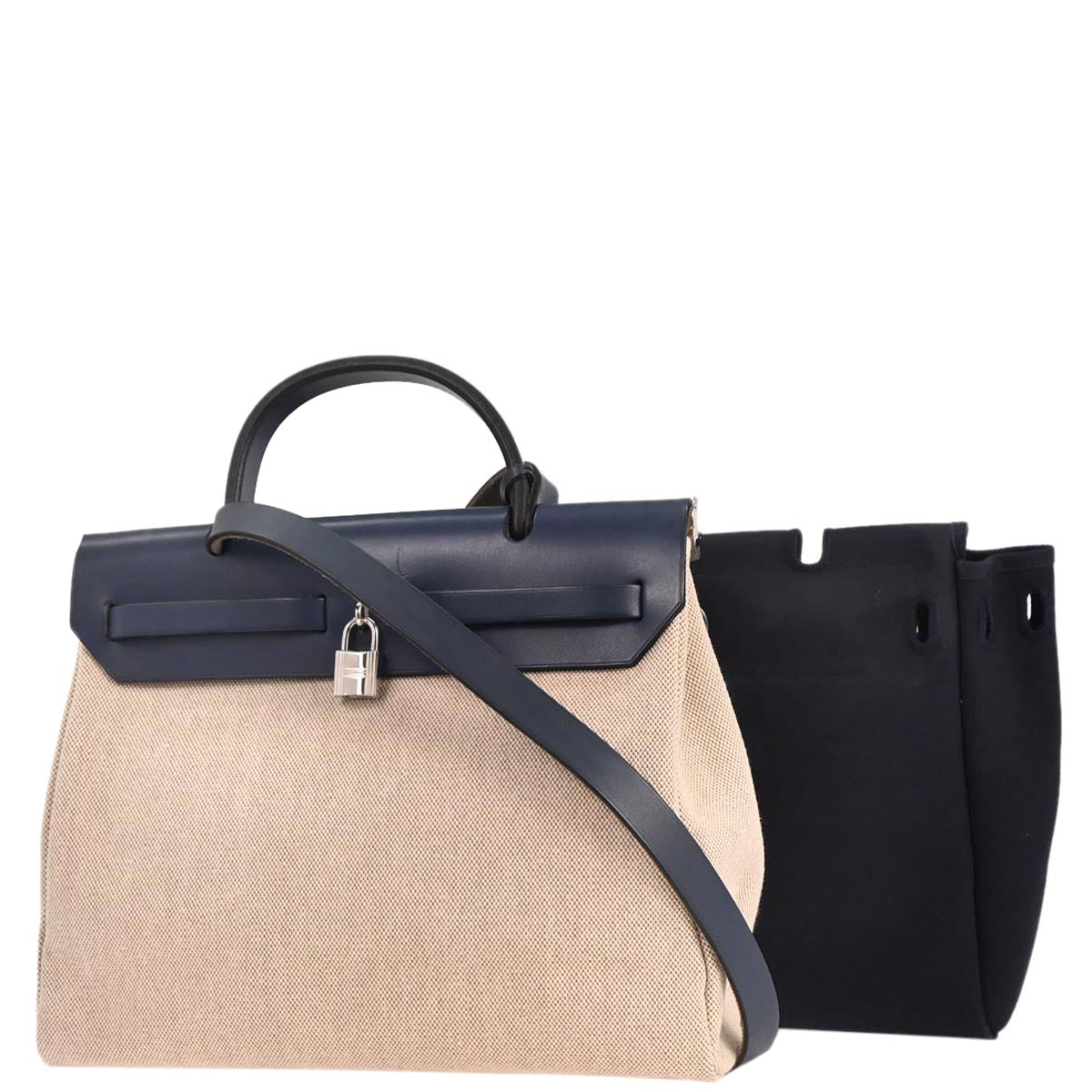 Hermes Beige Navy Toile H Officier Herbag PM 2 in 1 Handbag