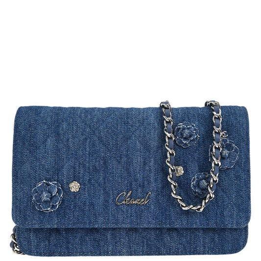 Chanel Blue Denim Camellia WOC Wallet on Chain Bag