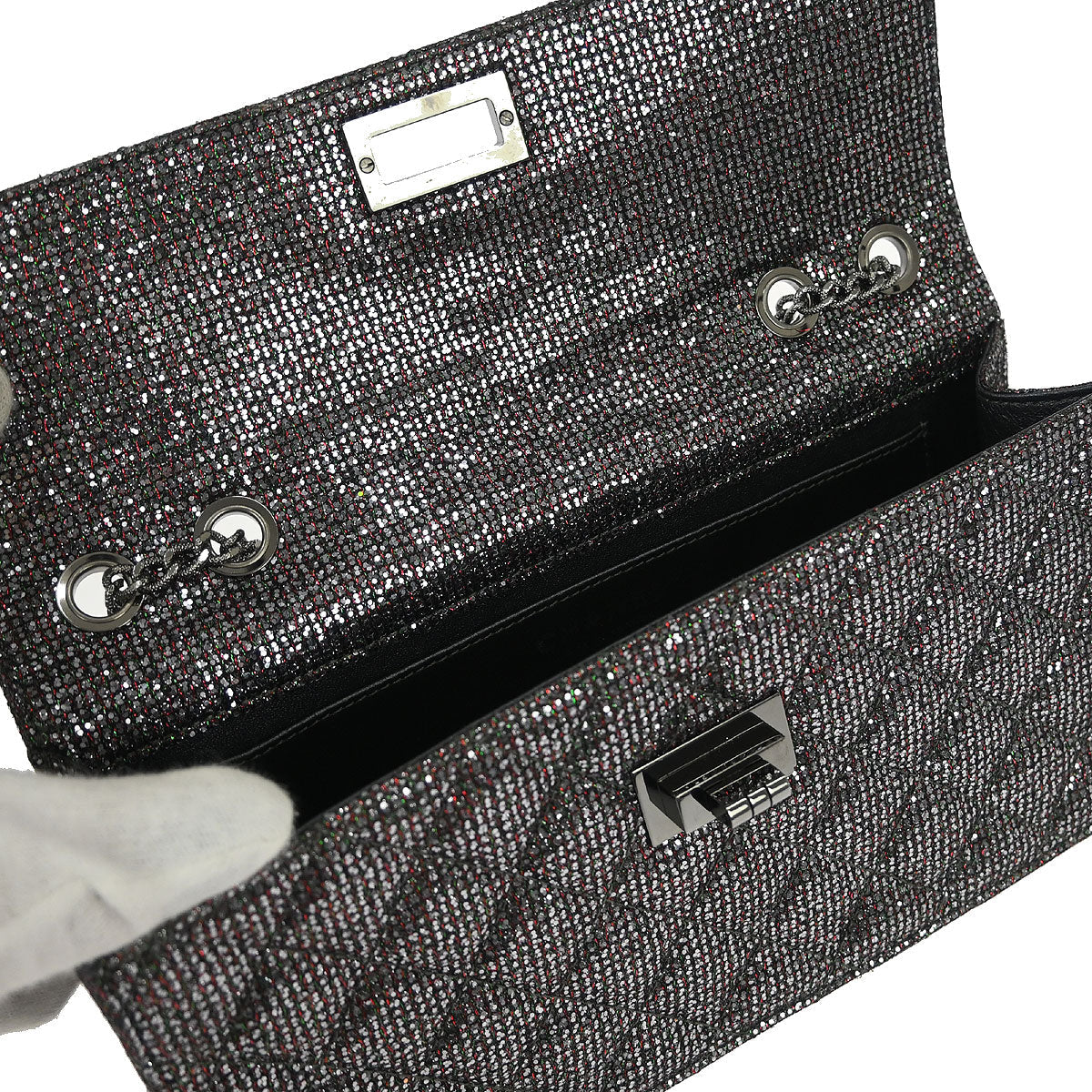 Chanel Silver Mademoiselle Lock Glitter Canvas Shoulder Bag