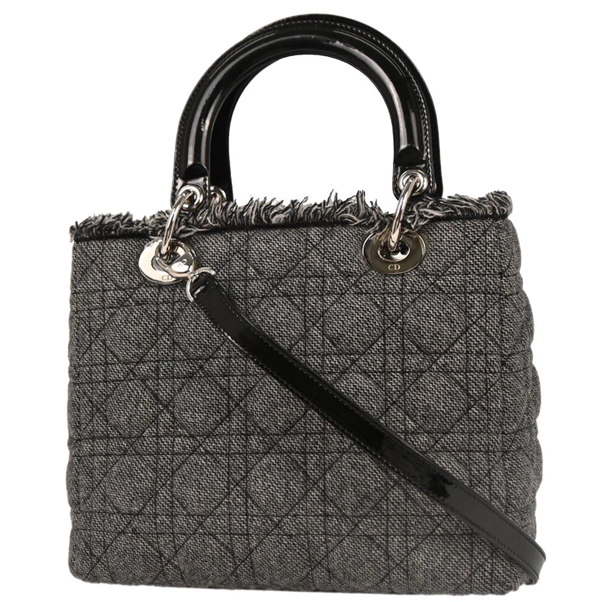 Christian Dior Gray Cotton Medium Lady Dior Cannage 2way Shoulder Handbag