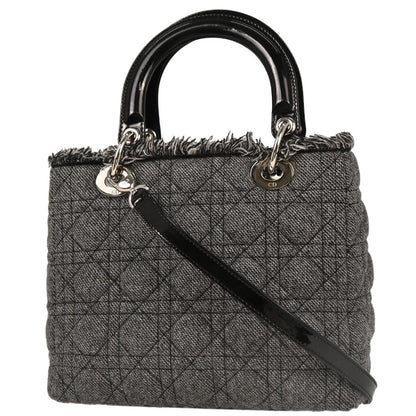 Christian Dior Gray Cotton Medium Lady Dior Cannage 2way Shoulder Handbag