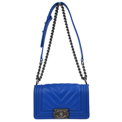 Boy Chanel Blue Lambskin Chevron Small Chain Shoulder Bag