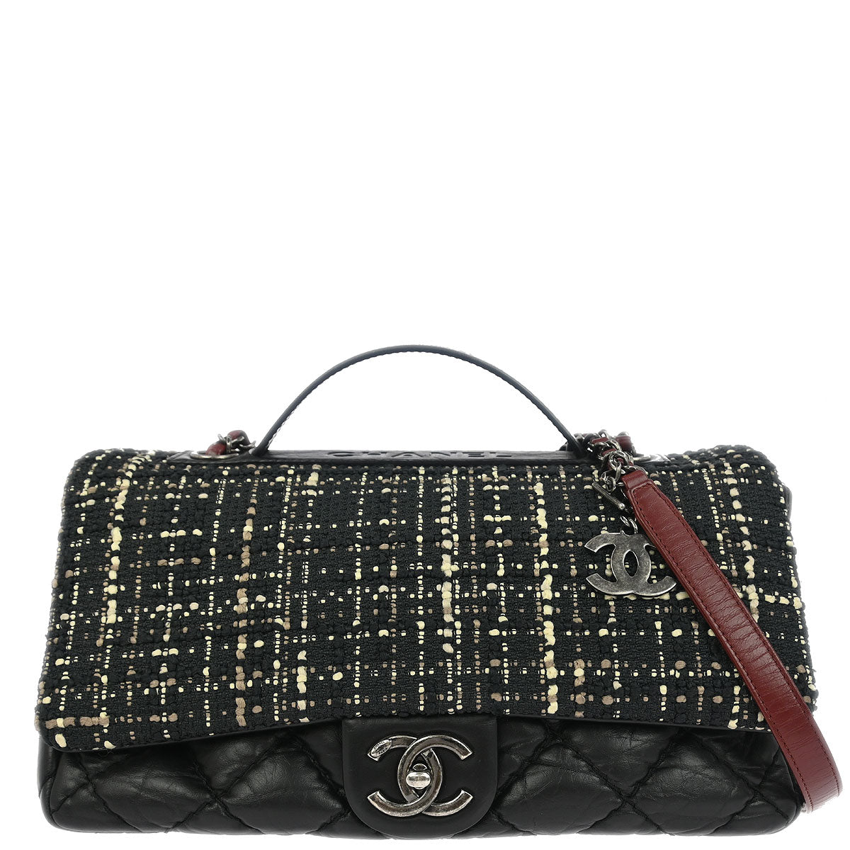 Chanel Black Tweed Calfskin Airlines Top Handle Flap Bag