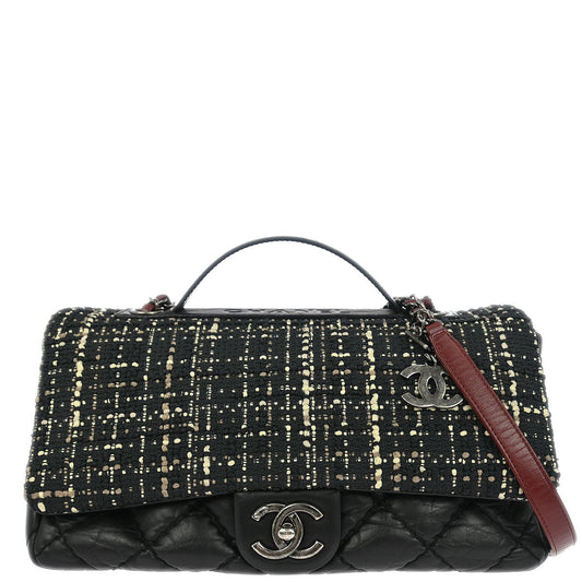 Chanel Black Tweed Calfskin Airlines Top Handle Flap Bag