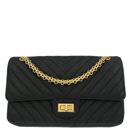 Chanel Black Calfskin 2.55 Chevron Classic Double Flap Shoulder Bag