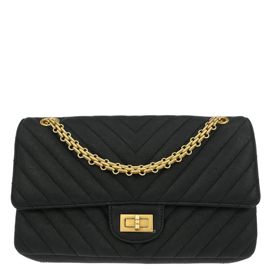Chanel Black Calfskin 2.55 Chevron Classic Double Flap Shoulder Bag
