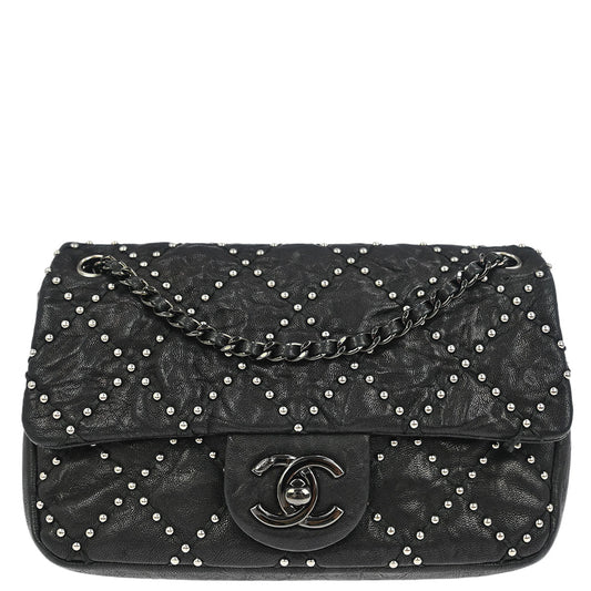 Chanel Black Calfskin Studded Single Flap Shoulder Bag