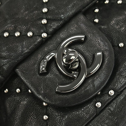 Chanel Black Calfskin Studded Single Flap Shoulder Bag