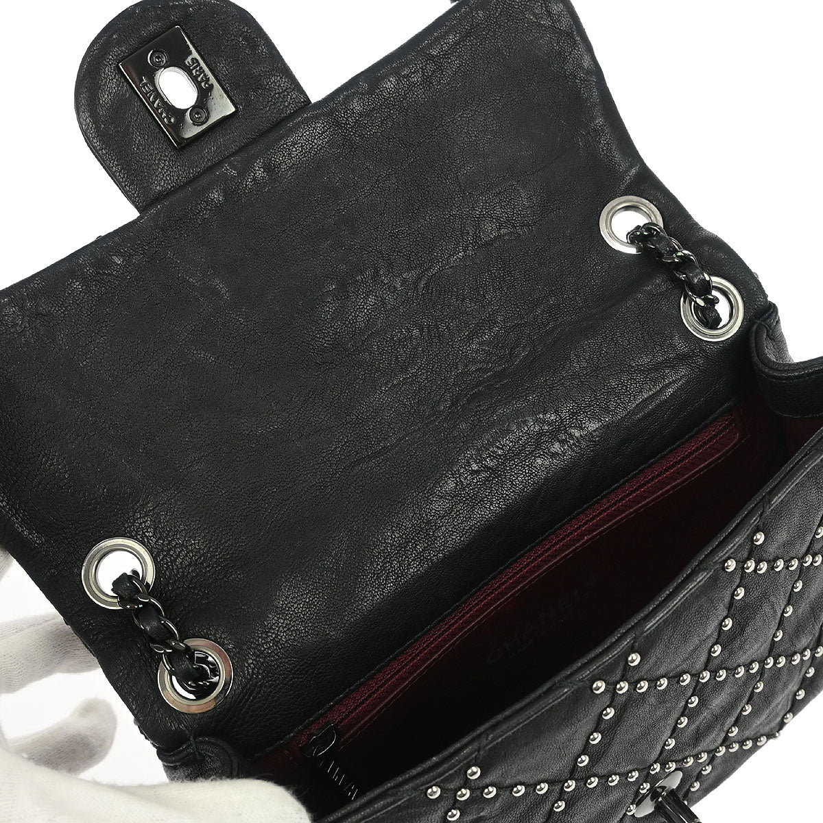 Chanel Black Calfskin Studded Single Flap Shoulder Bag