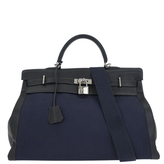 Hermes Black Navy Togo Toile Officier Kelly 50 Retourne 2way Shoulder Handbag